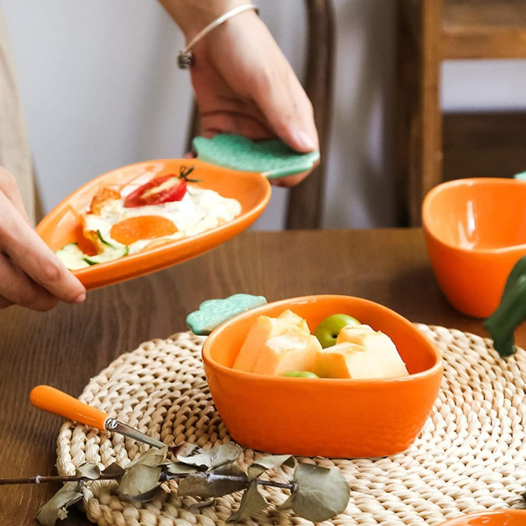 VOSAREA 1set Multi-function Cartoon Carrot Design Tableware Adorable Ceramic Food Serving Bowl Kit for Family Gatherings and Easter Celebrations Includes Carrot Bowl and Plate Vibrant