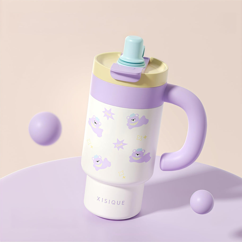 Cartoon Insulated Tumbler with Handle, 850ML Large Capacity, Leak-Proof