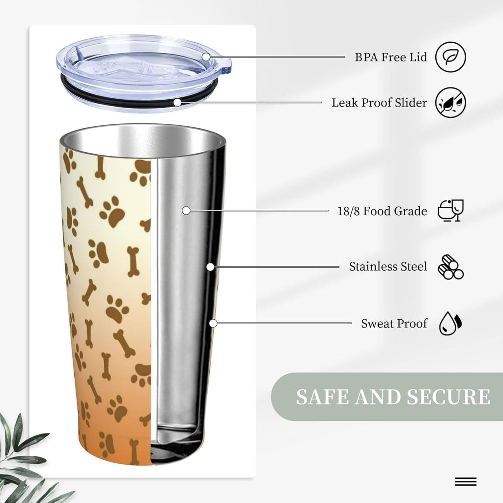 Dog Paw Bone 20oz Tumbler with Lid and Straw for Women, Gradient Cartoon Footprint Insulated Mug Creative Animal Paw Bone Stainless Steel Tumbler Double Wall Vacuum Travel Mug Coffee Cup