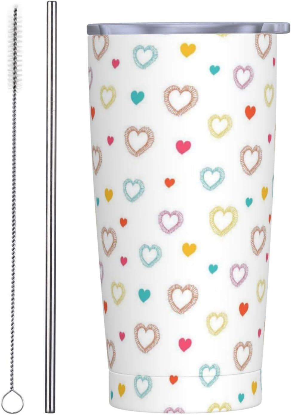 Heart 20oz Tumbler with Lid and Straw for Women, Abstract Cartoon Geometric Line Hearts Design Insulated Mug Colorful Hearts Stainless Steel Tumbler Double Wall Vacuum Travel Mug Coffee Cup