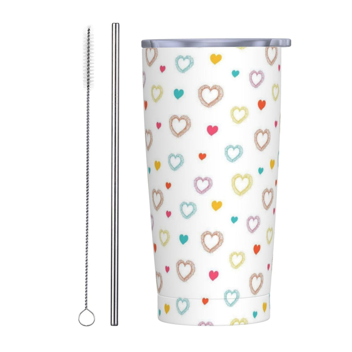 Heart 20oz Tumbler with Lid and Straw for Women, Abstract Cartoon Geometric Line Hearts Design Insulated Mug Colorful Hearts Stainless Steel Tumbler Double Wall Vacuum Travel Mug Coffee Cup