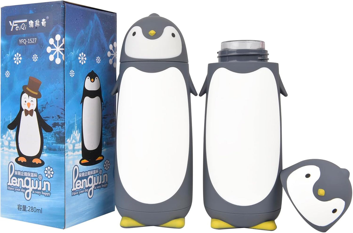 Penguin Glass Water Tumbler- Cute Water Bottle Double Walled Cup Flask Travel Mug for Kids, Students, 9.6oz, Grey
