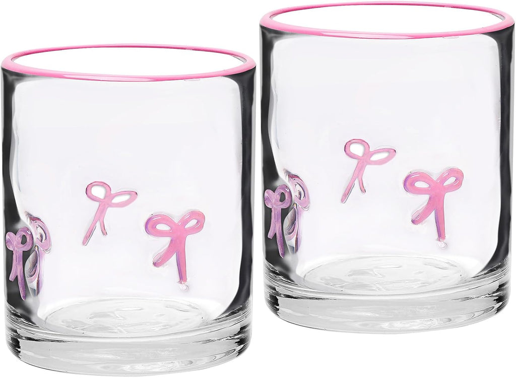 2 Pcs Pink Bow Icon Juice Glass Coquette Bow Aesthetic Anthropologie Cup 14 Oz Double Old Fashioned Icon Hand Blown Glass with Heavy Base for Cute Cocktail Glasses Women Friend Party