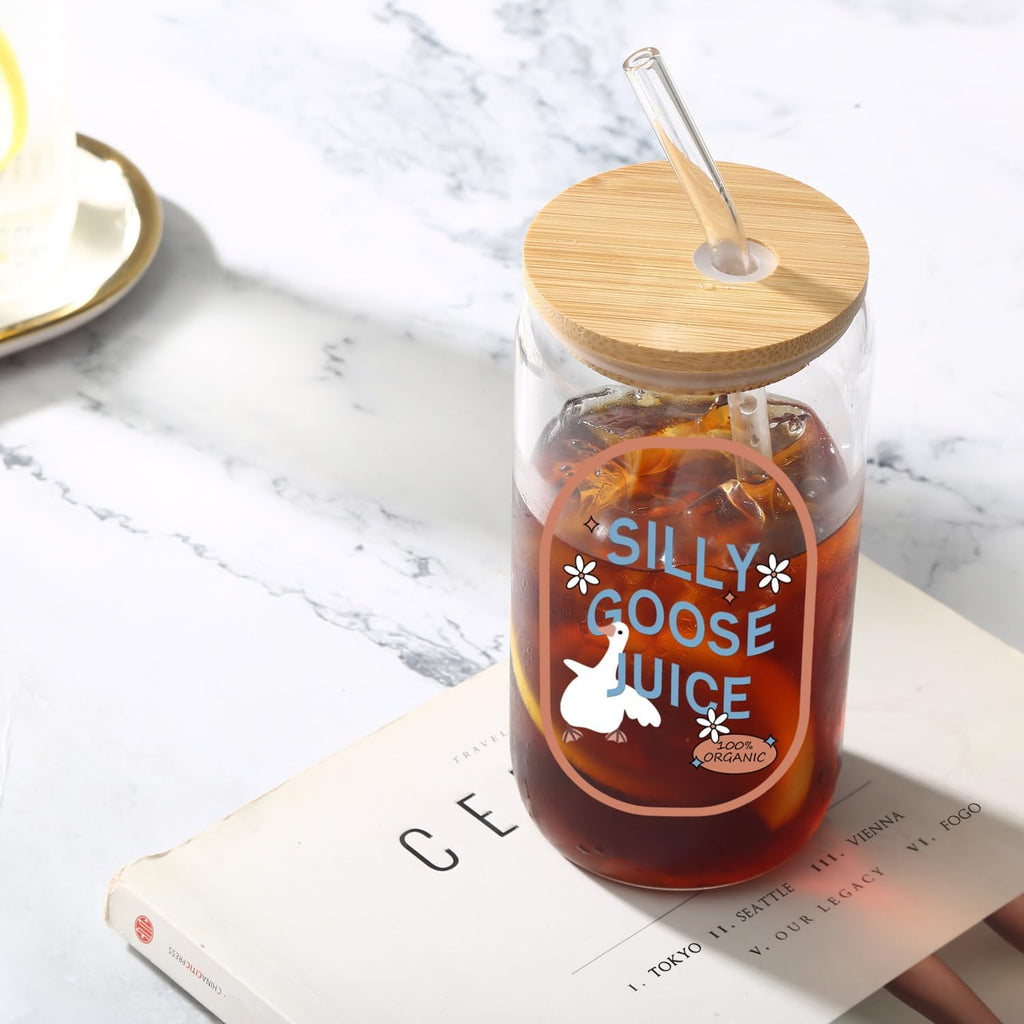 Cute Silly Goose Glass Cup with Lids & Straw 16oz, Ice Coffee Drink Tumbler