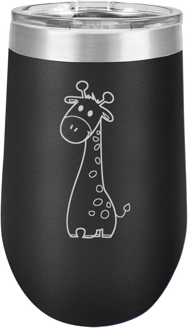 16 oz Double Wall Vacuum Insulated Stainless Steel Stemless Wine Tumbler Glass Coffee Travel Mug With Lid Cute Giraffe Cartoon (Purple)