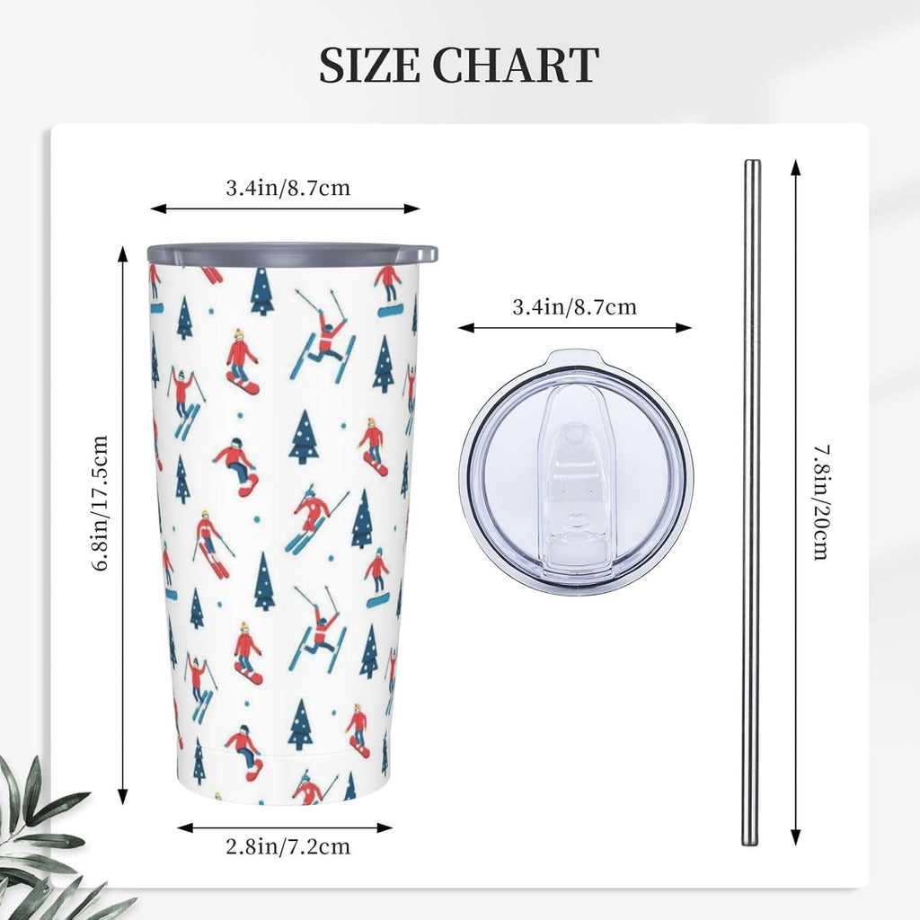 Skiing 20oz Tumbler with Lid and Straw for Sports Lovers, Winter Fashion Ski Sport Insulated Mug Cartoon Ski Sport Design Stainless Steel Tumbler Double Wall Vacuum Travel Mug Coffee Cup