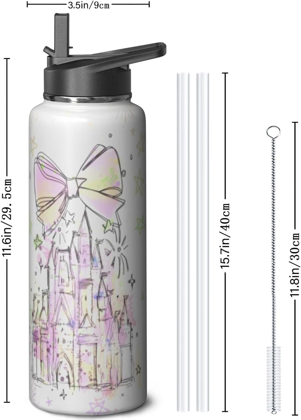 40oz Cartoon Castle Water Bottle - Fireworks Bowknot Double Wall Vacuum Insulated Stainless Steel Tumbler with Leakproof Flip Straw & Handle,Travel Mug for Hot/Cold Drinks - Gift for Castles Lovers