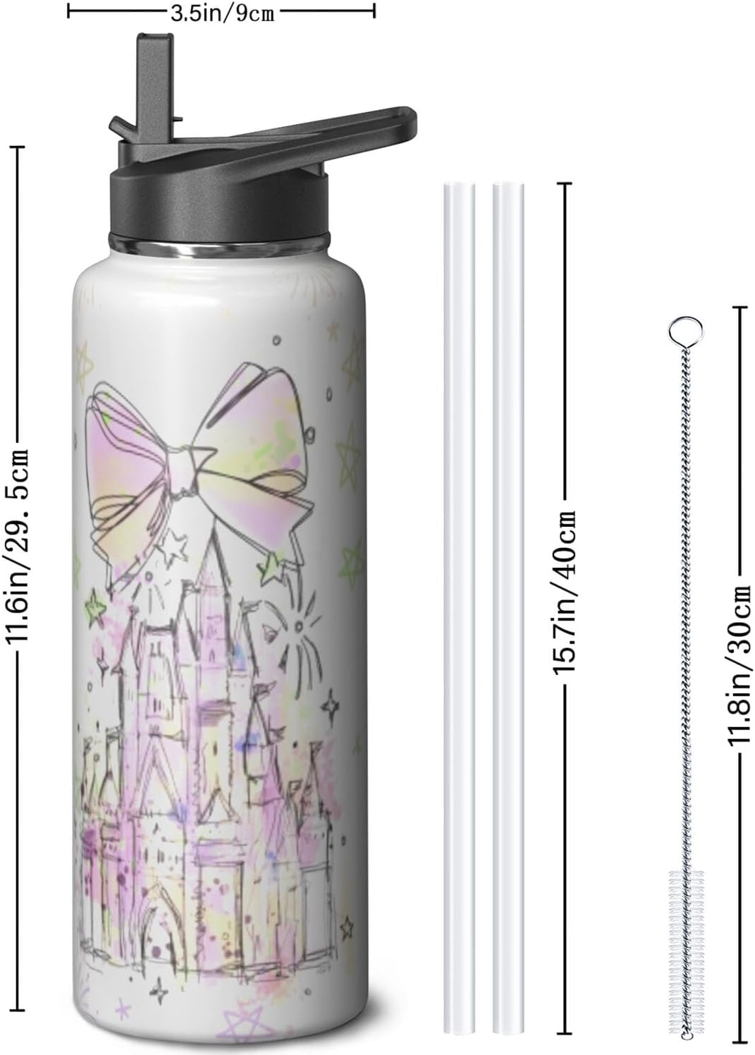 40oz Cartoon Castle Water Bottle - Fireworks Bowknot Double Wall Vacuum Insulated Stainless Steel Tumbler with Leakproof Flip Straw & Handle,Travel Mug for Hot/Cold Drinks - Gift for Castles Lovers