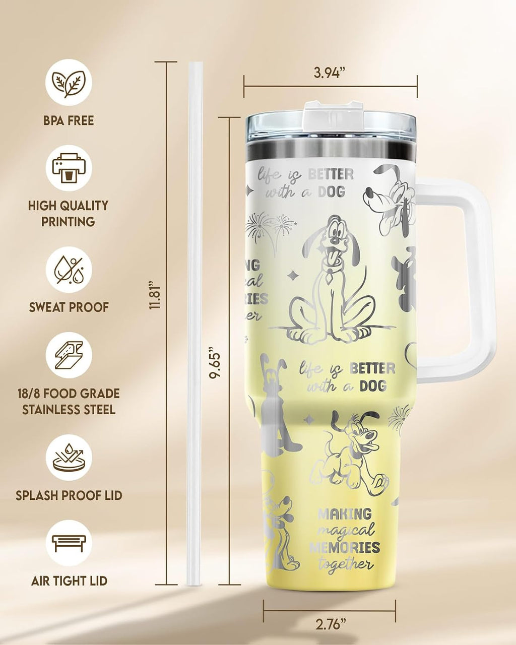 Movie Cartoon Dog Tumbler 40oz with Handle & Straw