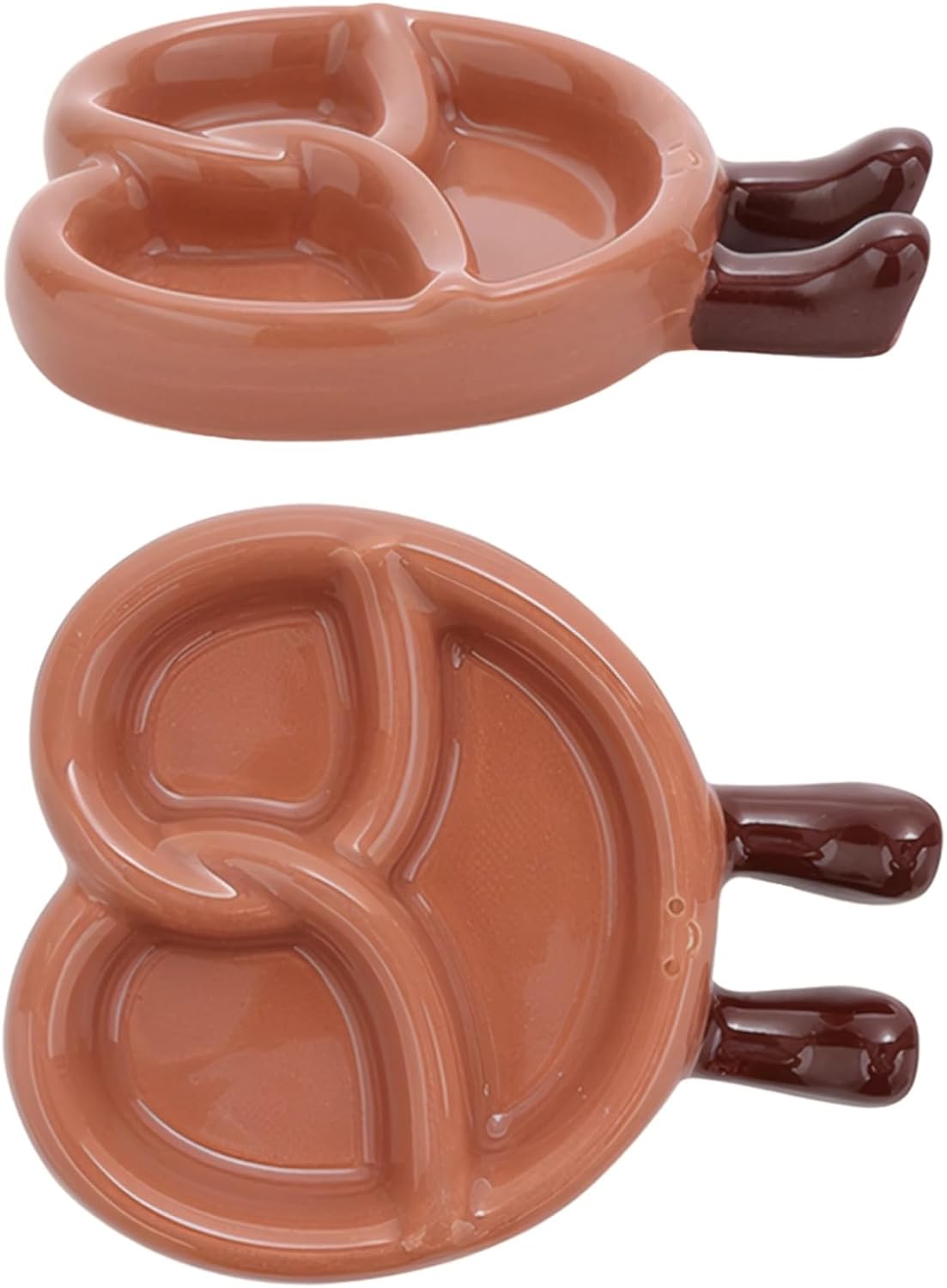 Cute Cartoon Bread Plate, Ceramic Dipping Dish, 4.5 x 3.7 x 0.8 in, 11.5 x 9.5 x 2 cm, Divided Sauce Dish with Adorable Foot Details, Microwave and Oven Safe, Brown