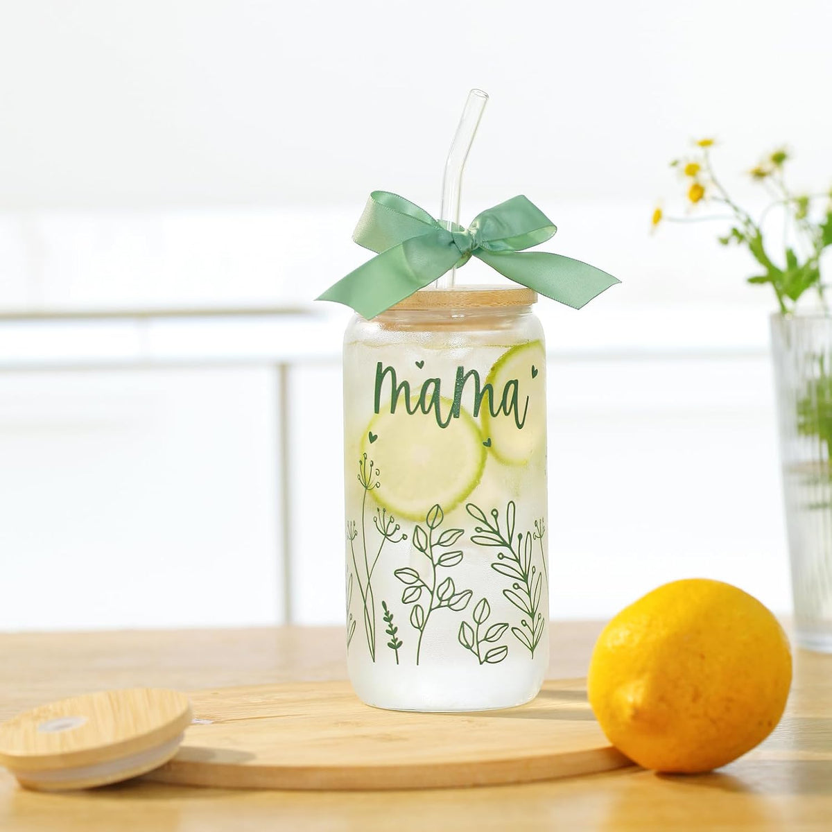 Gifts for Mom Bow New Mama Glass Cup with Lids and Straws