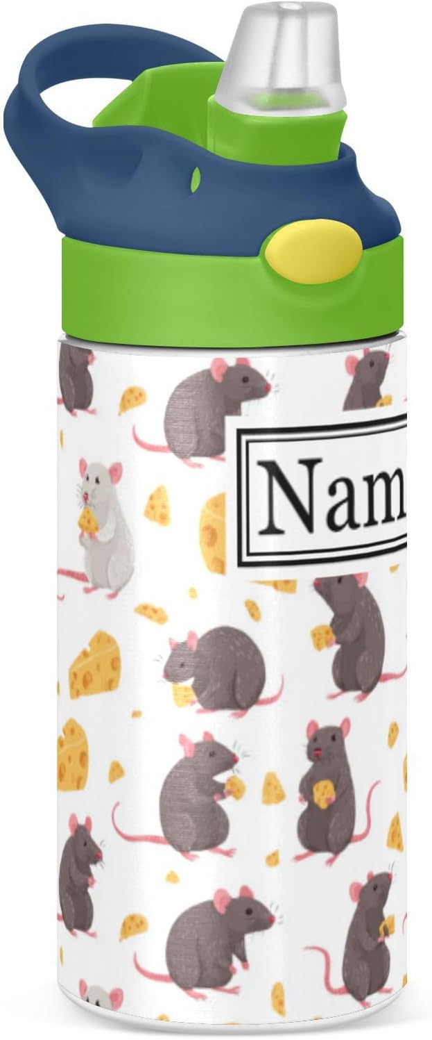 Personalized Name Water Bottles for Kids Cartoon Rats Cheese Custom Toddlers Insulated Stainless Steel with Straw Lid Tumbler Gift for Boys Girls Birthday School
