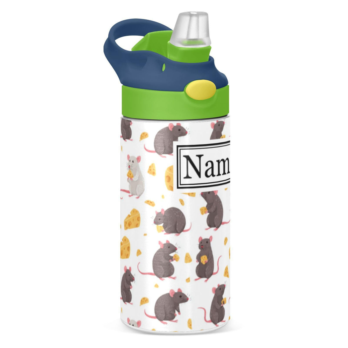 Personalized Name Water Bottles for Kids Cartoon Rats Cheese Custom Toddlers Insulated Stainless Steel with Straw Lid Tumbler Gift for Boys Girls Birthday School