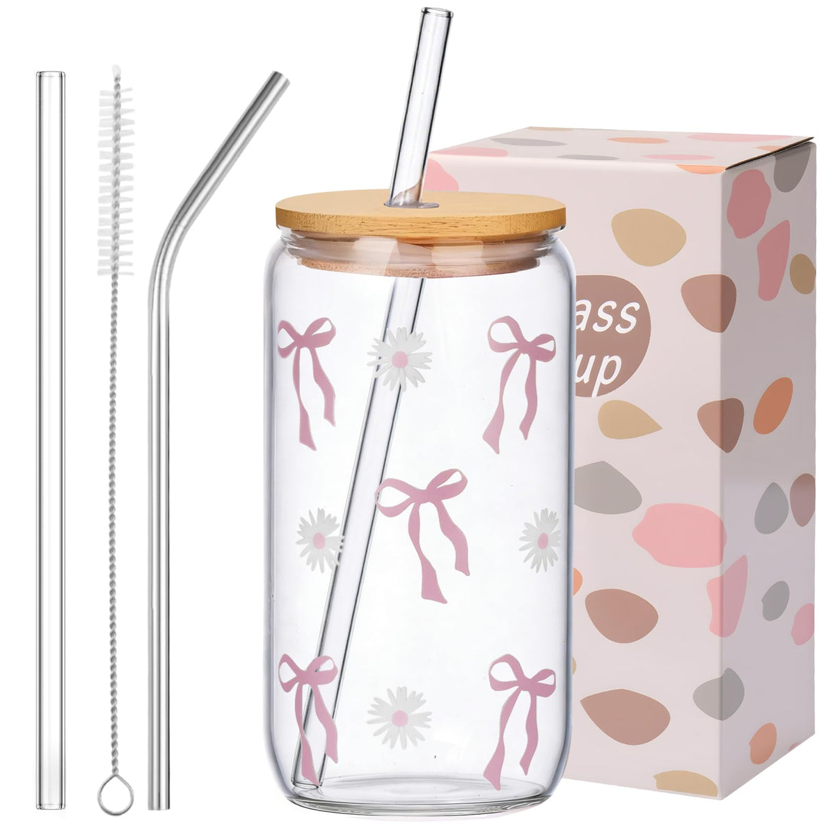 ANABIUP Coquette Cute Pink Bow Glass Cups with Lids and Straws, Aesthetic Iced Coffee Cup, Girly Preppy Design Tumbler Mug for Teen Girls Women Girlfriends Gifts