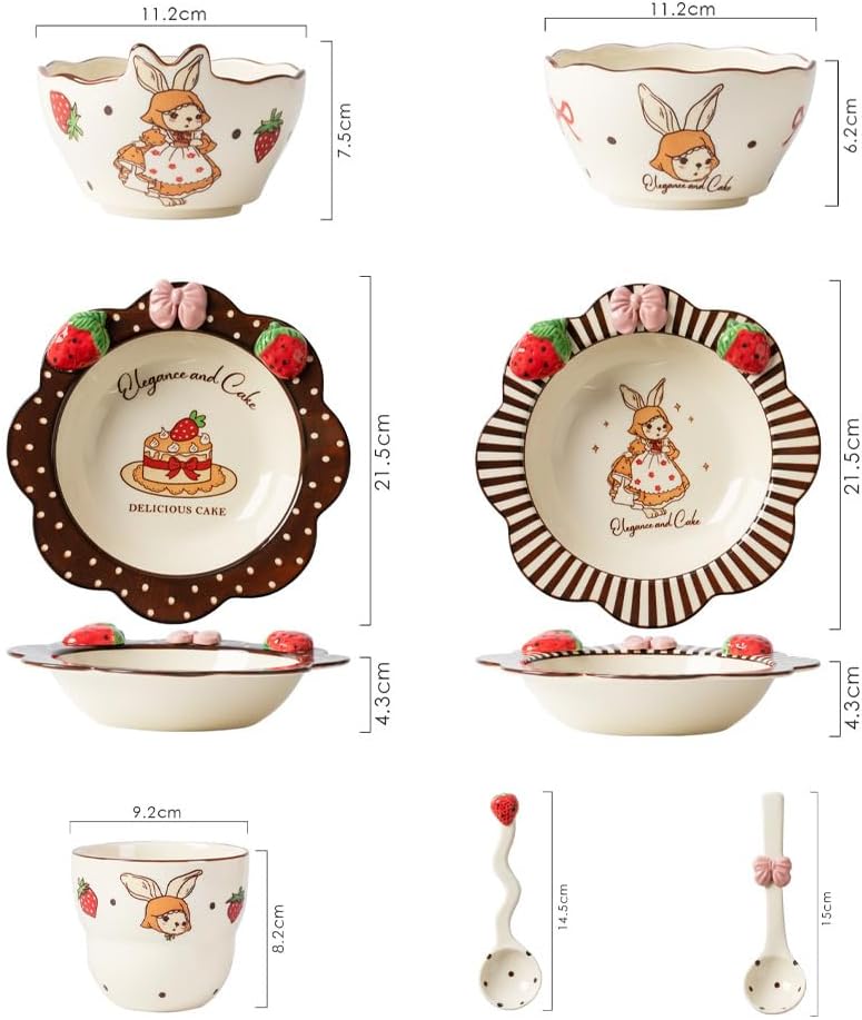 Ceramic Tableware Pasta Plate Bowl and Cup Combination Household Cartoon Cute Set Dinner Snack Breakfast Dessert Bird's Nest Salad Fruit Ice Cream Soup(8.5" Pan-Cake)