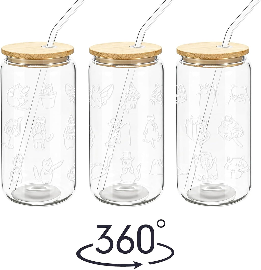 Mikopei Cat Gifts for Women, Cute Glass Cup with Lid and Straw 16 oz