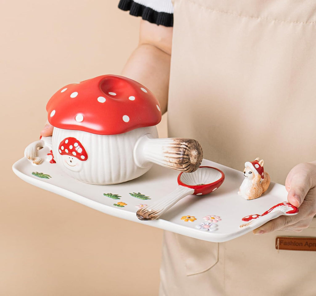 Mushroom Ceramic Tray, Rectangle 14 in Double Handle Dessert Appetizer Baking Dishes, Cute Steak Dinner Plates, Decorative Plate with Cute Squirrels. Novel Christmas Cutlery Gifts.