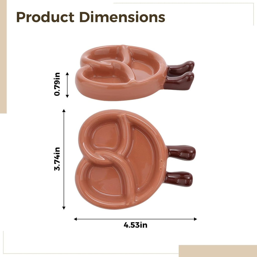 Cute Cartoon Bread Plate, Ceramic Dipping Dish, 4.5 x 3.7 x 0.8 in, 11.5 x 9.5 x 2 cm, Divided Sauce Dish with Adorable Foot Details, Microwave and Oven Safe, Brown