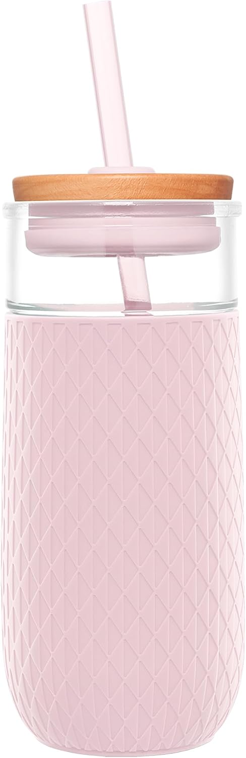 Ello Devon 18oz Glass Tumbler with Straw & Bamboo Lid for Iced Coffee, Pink