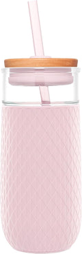 Ello Devon 18oz Glass Tumbler with Straw & Bamboo Lid for Iced Coffee, Pink