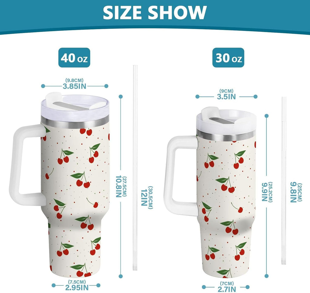 Cherry Print Pattern Stainless Steel Tumbler with Handle and Straw, Water Bottle Reusable Insulated Travel Mug, 30 Ounces