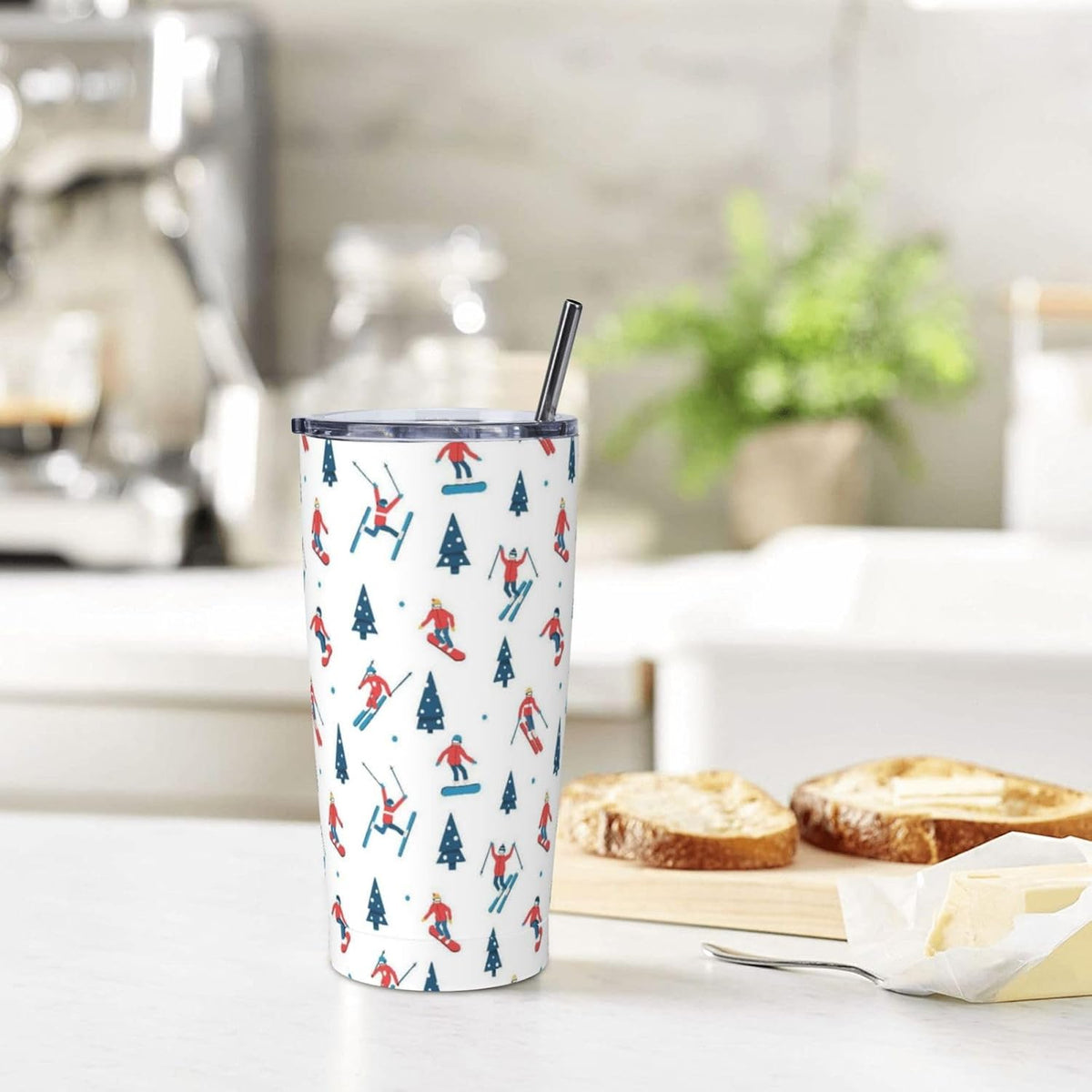 Skiing 20oz Tumbler with Lid and Straw for Sports Lovers, Winter Fashion Ski Sport Insulated Mug Cartoon Ski Sport Design Stainless Steel Tumbler Double Wall Vacuum Travel Mug Coffee Cup