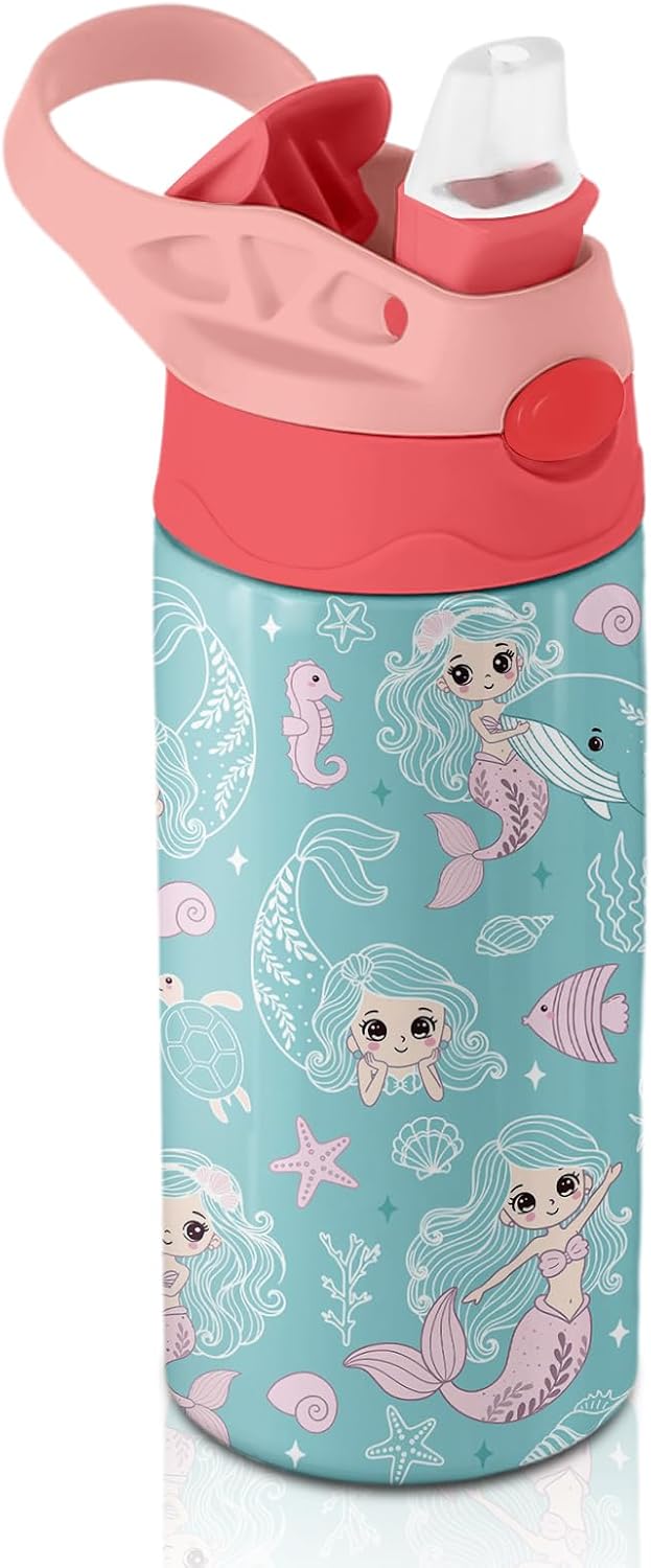 Mermaid Water Bottle for Girls - 12oz Cute Cartoon Kids Water Bottle with Straw, Stainless Steel Tumbler, Insulated, Leak-proof, BPA-free, Pop-up Straw Lid, for School, Children Birthday Gift Cup(1pc)