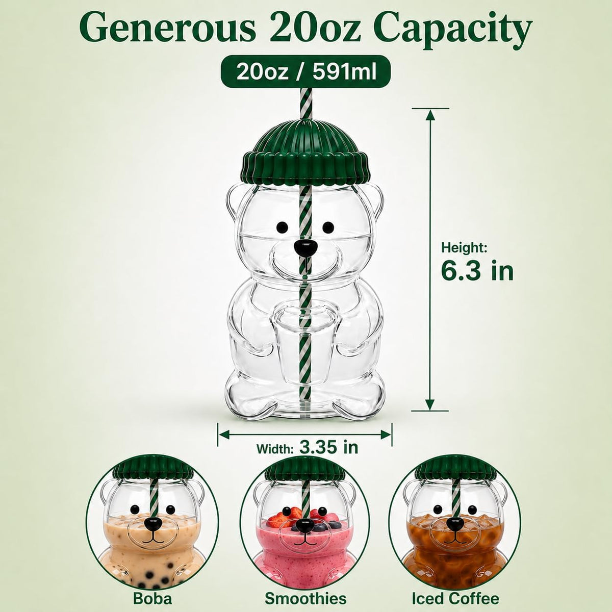 Cute Bear Glass Tumbler with Lid and Straw, 20 oz, Green