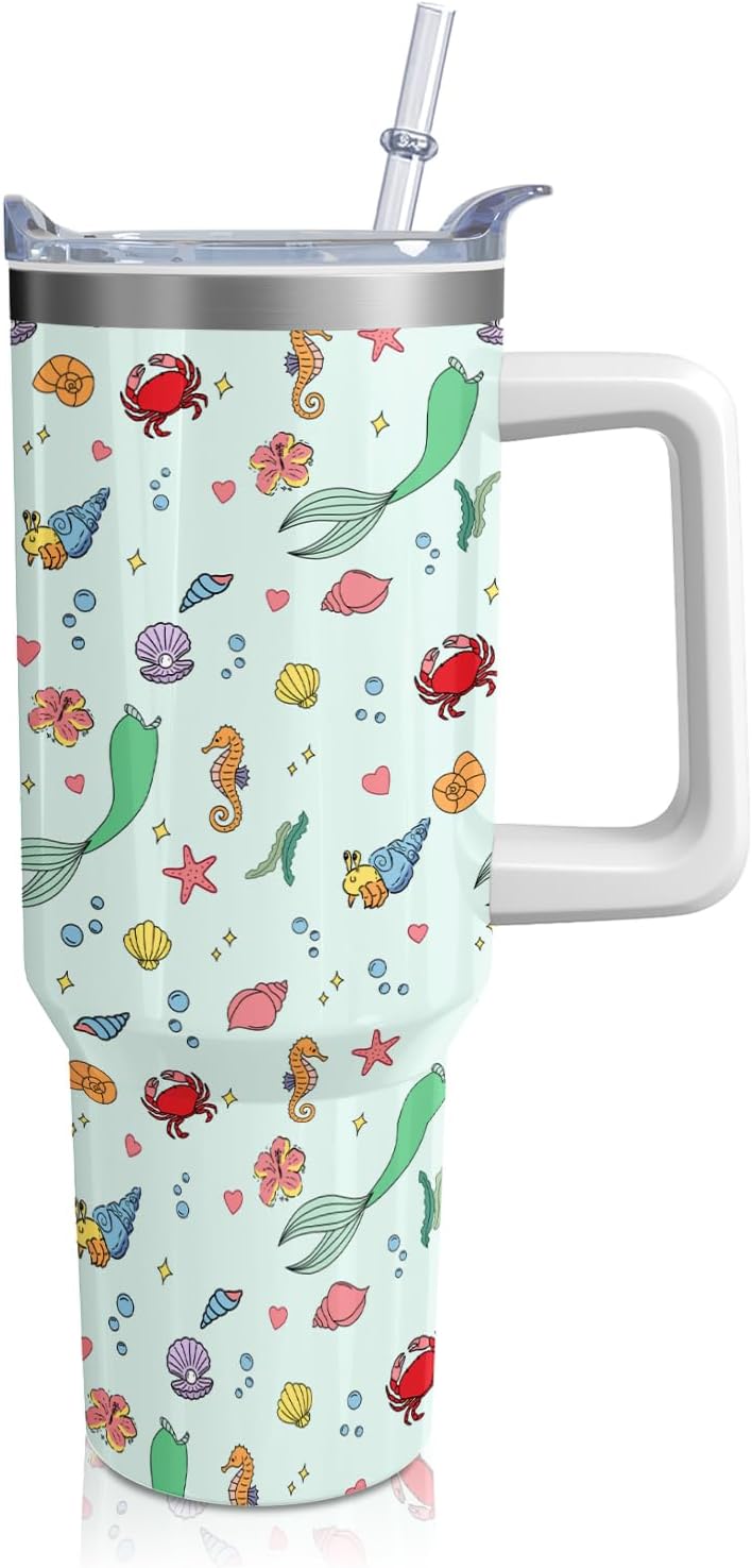 Cartoon Seafloor Princess Tumbler with Handle & Straw | Sea World | Travel Coffee Mug -Birthday/Christmas Gift to Girl/Women