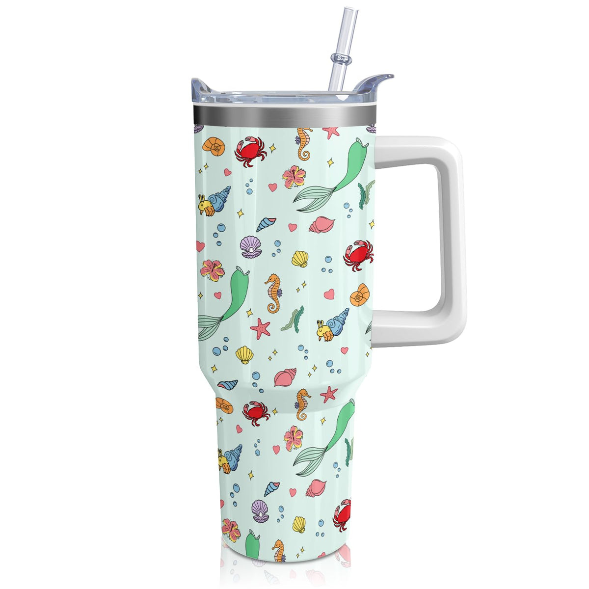 Cartoon Seafloor Princess Tumbler with Handle & Straw | Sea World | Travel Coffee Mug -Birthday/Christmas Gift to Girl/Women