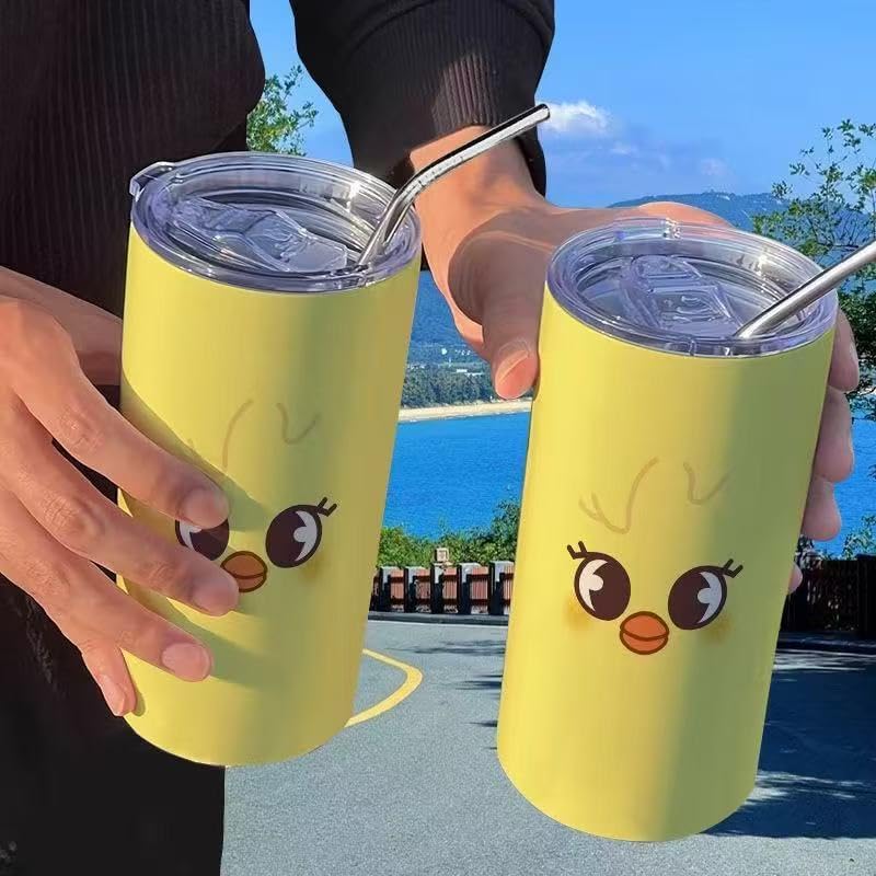 SKZOO Travel Coffee Cups 14 oz Cartoon Design Insulated Tumbler for Hot and Cold Beverages Portable Coffee Mugs Ideal for Travel Home and Office Use (YELLOW)