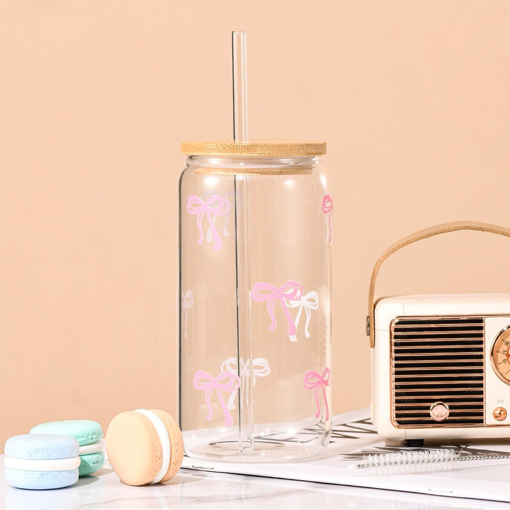 ANABIUP Coquette Cute Pink Bow Glass Cups with Lids and Straws, Aesthetic Iced Coffee Cup, Girly Preppy Design Tumbler Mug for Teen Girls Women Girlfriends Gifts