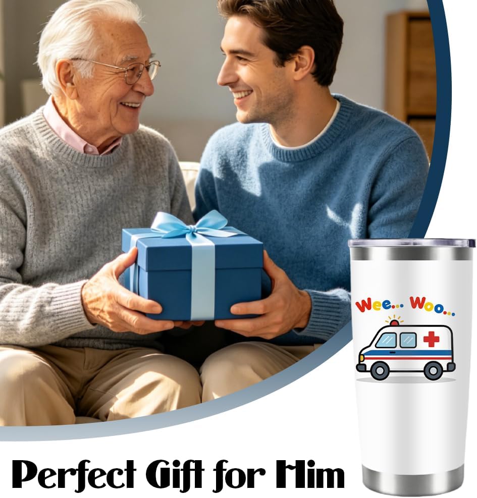 20oz Cartoon Ambulance Tumbler with Straw Funny White Stainless Steel Insulated Travel Mug Leak-proof Keeps Cold or Hot Coffee Tea Water Tumblers Cup Doctor Nurse Gifts for Women Men