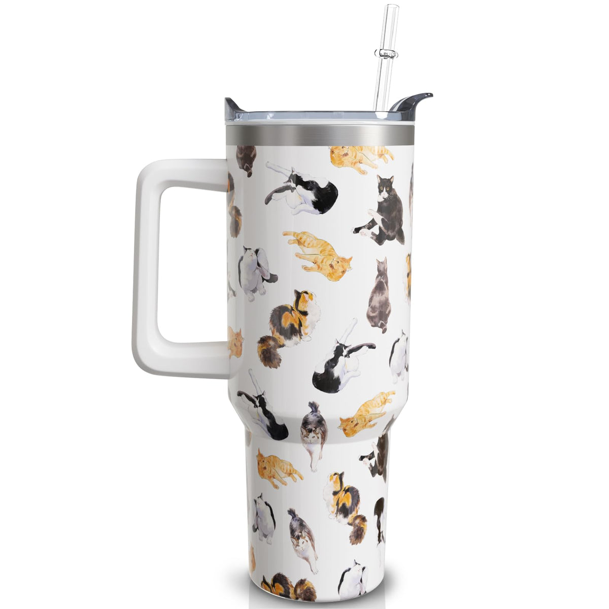 40 oz Cat Tumbler with Handle and Straw, Cute Cartoon Stainless Steel Vacuum Insulated Travel Coffee Mug Cup Water Bottle, Cats Stuff Accessories Decor, Cat Lover Gifts for Women Girls