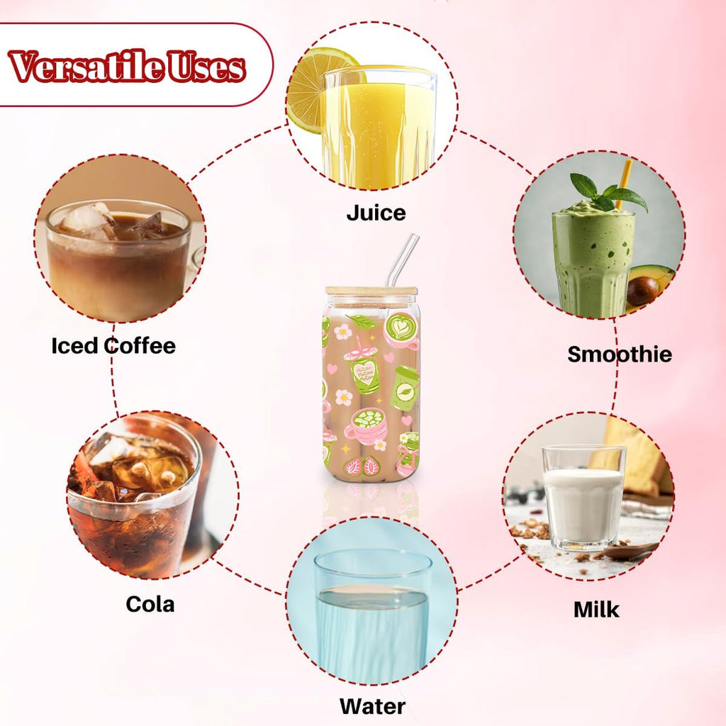 Matcha Girly Glass Cup, Matcha Lovers Gift, Kawaii Glass Tumbler, 16 oz Cafe Aesthetic Iced Coffee Cup with Lid Straw