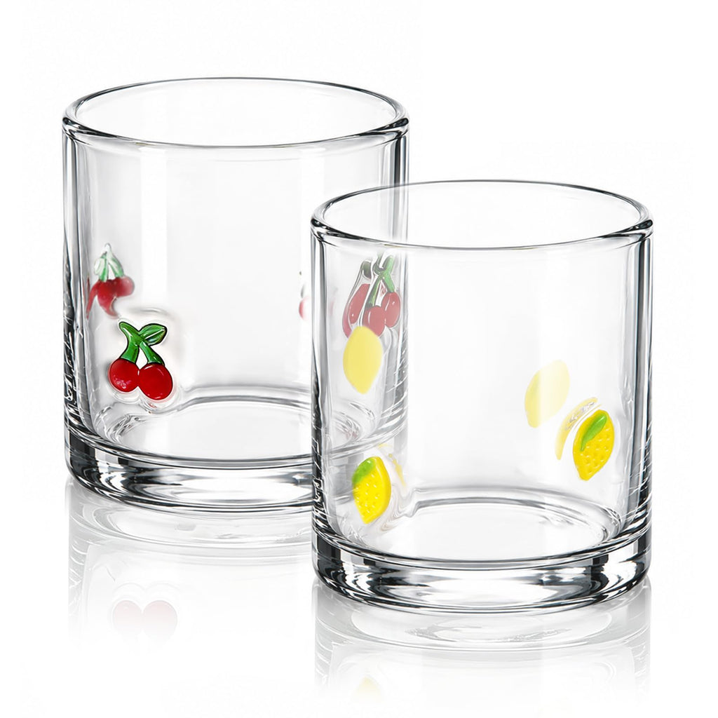 2 Pcs Cherry & Lemons Icon Juice Glass, 14oz Reusable Stemless Wine Cups