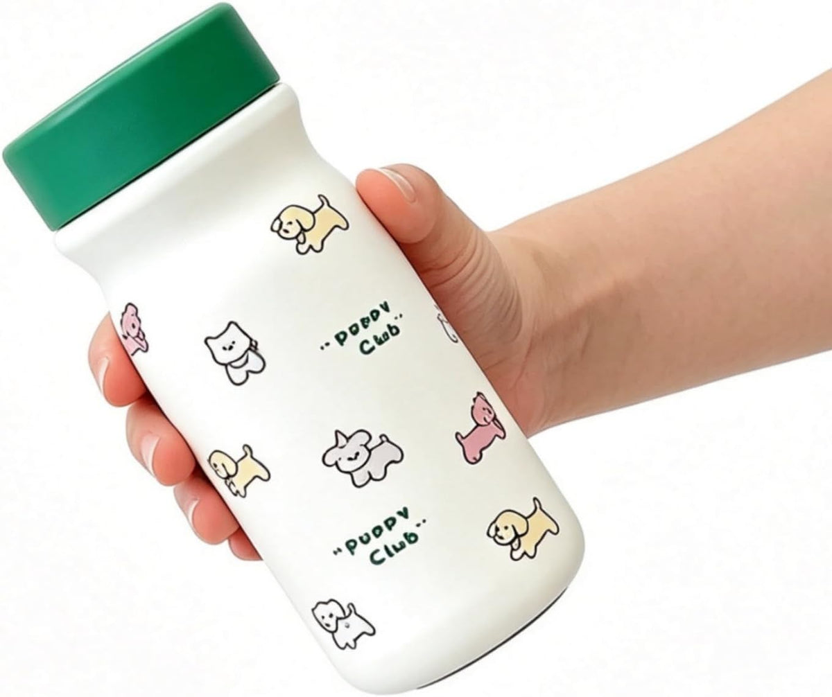 Mini Milk Shape Insulated Coffee Bottle, 316 Stainless Steel, 10oz Flask, Compact Travel Tumbler(Cute Puppy Cartoon Print)