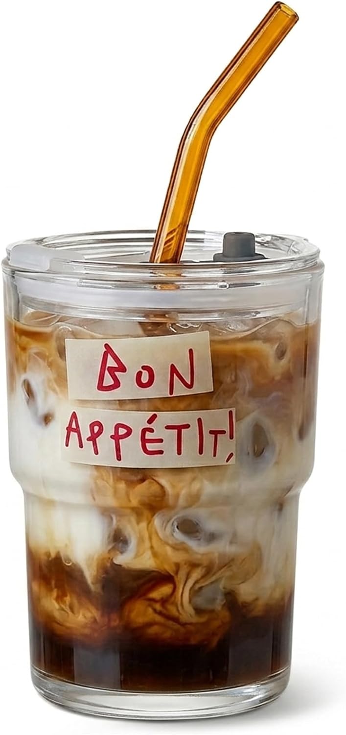 Olvini 13oz Glass Tumbler with Straw and Lid, Reusable Iced Coffee Cup Tumbler, Cute Glass Cups for Water, Matcha, Travel Coffee Mugs (Bon Appétit)