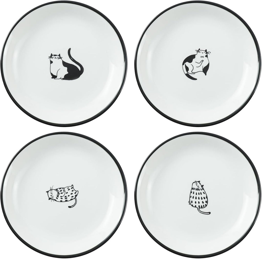 SOCOSY Cute Cartoon Gentleman and Dot Cat Ceramic Seasoning Dishes Sauce Dish Sushi Dipping Bowl Appetizer Plates Tea Bag Holder Serving Dish for Kitchen 5 Inch, Set of 4
