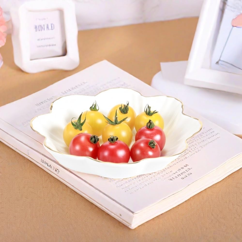 Porcelain Serving Dish,Ceramics Flower Relish Tray with Metallic Rim, 8inch