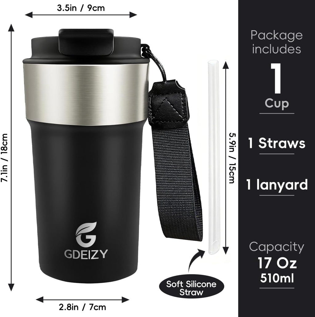 Insulated Travel Coffee Mug, 17oz Stainless Steel Leakproof Flip Straw Cup