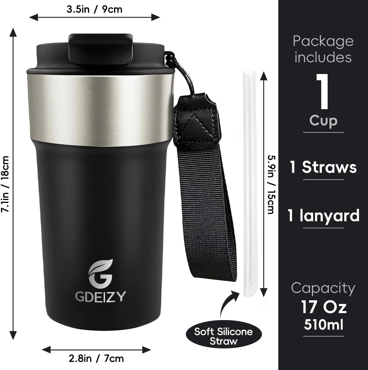 Insulated Travel Coffee Mug, 17oz Stainless Steel Leakproof Flip Straw Cup