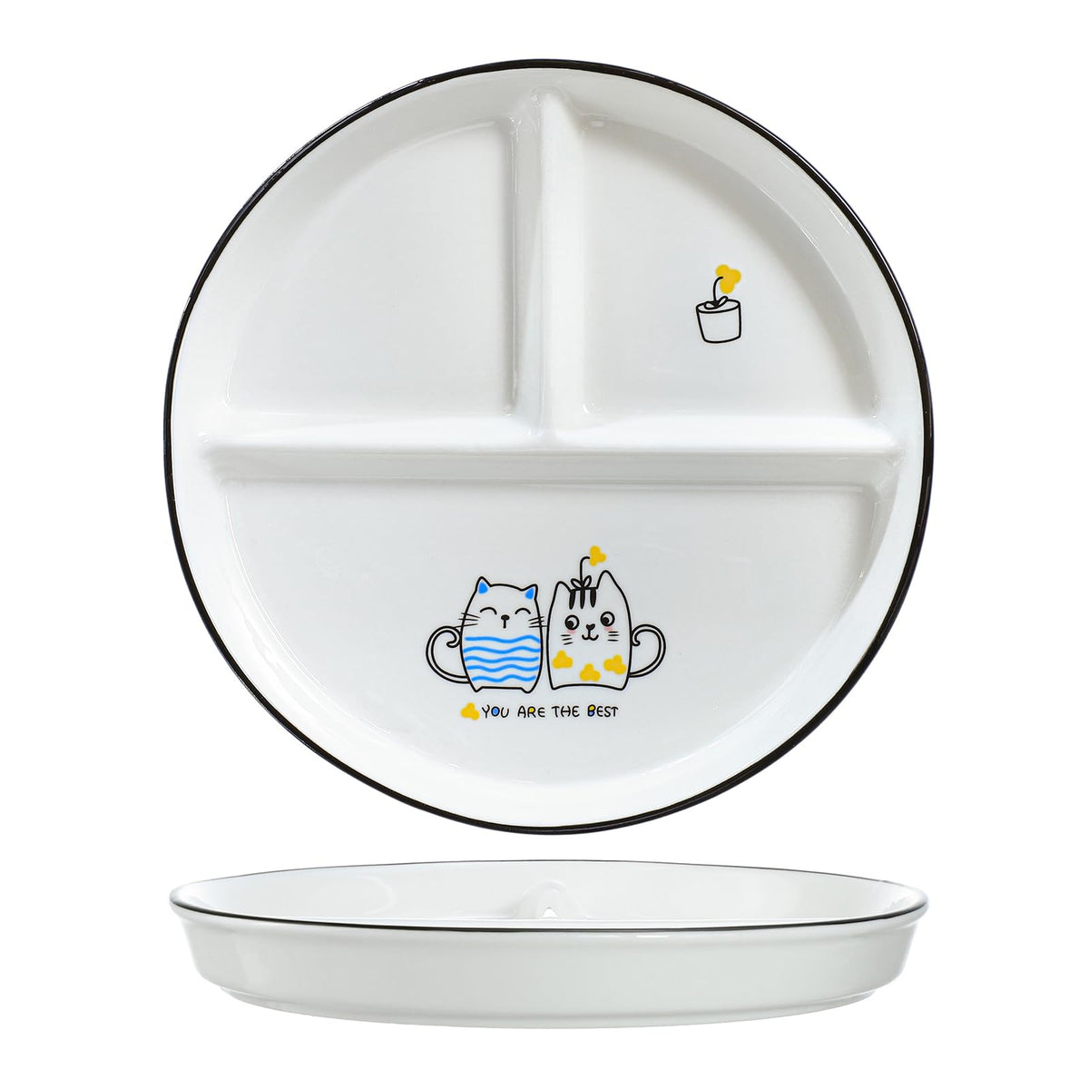 SOCOSY Ceramic 3-Compartment Portion Control Plate Divided Dish Platters, Divided Dessert Salad Dinner Snack Dishes, Appetizer Serving Trays, 1 PC - Balloon Cat-8 Inch