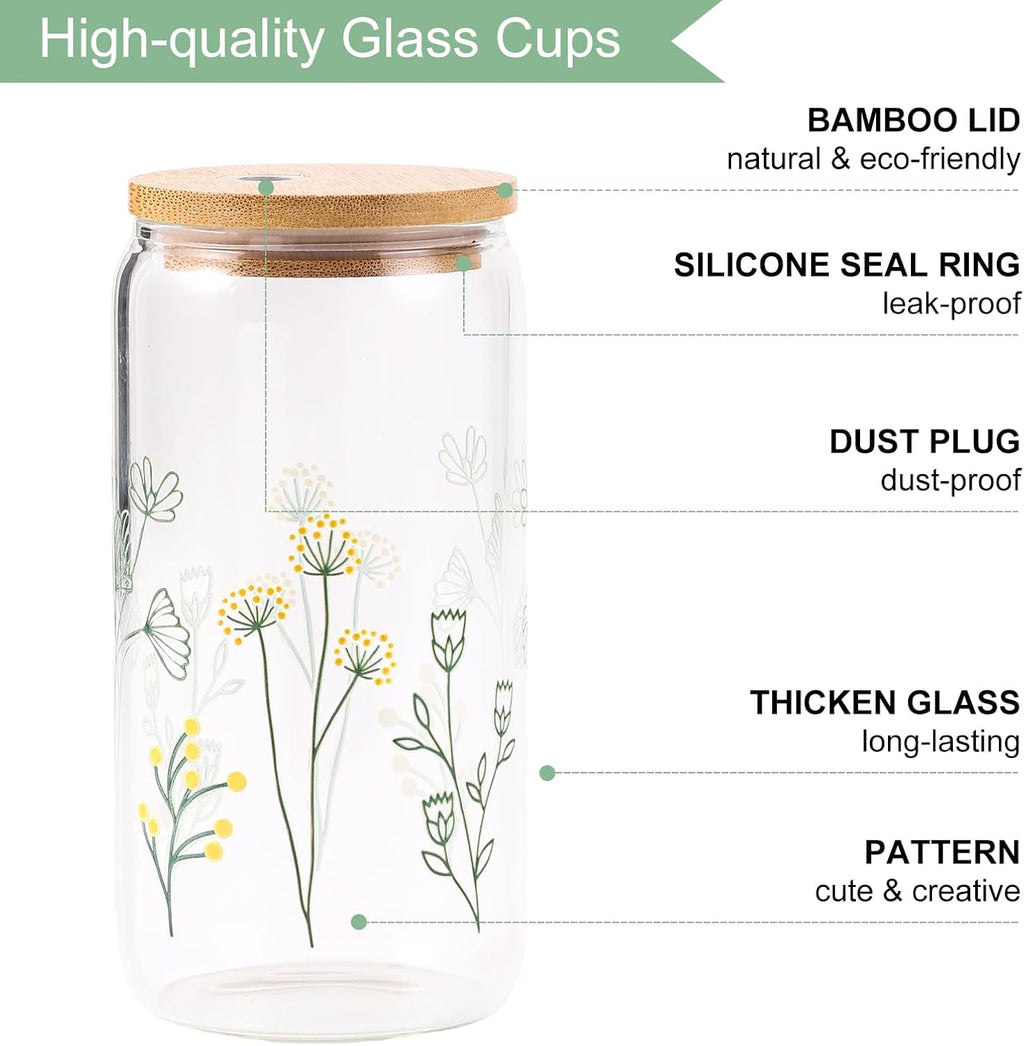 Floral Gifts for Women, Flower Glass Cup with Lid and Straw