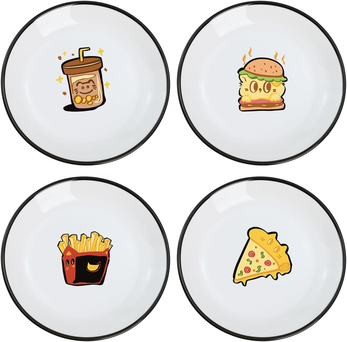 SOCOSY Cute Cartoon Drink and Food Pattern Ceramic Seasoning Dishes Sauce Dish Sushi Dipping Bowl Appetizer Plates Tea Bag Holder Serving Dish for Kitchen, 5 Inch, Set of 4