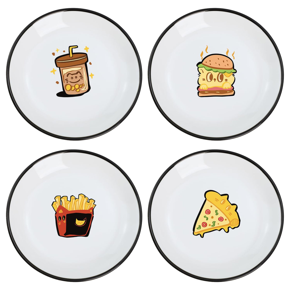 SOCOSY Cute Cartoon Drink and Food Pattern Ceramic Seasoning Dishes Sauce Dish Sushi Dipping Bowl Appetizer Plates Tea Bag Holder Serving Dish for Kitchen, 5 Inch, Set of 4