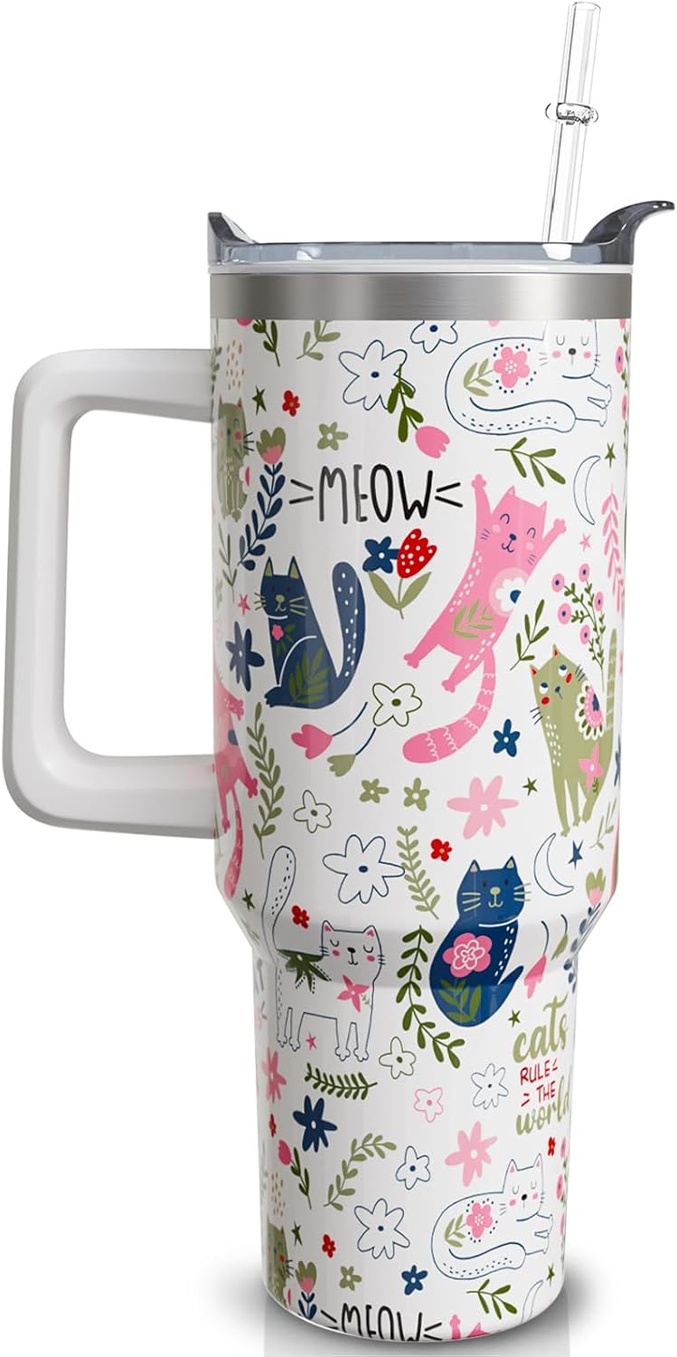 40 oz Cat Tumbler with Handle and Straw, Cute Cartoon Stainless Steel Vacuum Insulated Travel Coffee Mug Cup Water Bottle, Cats Stuff Accessories Decor, Cat Lover Gifts for Women Girls