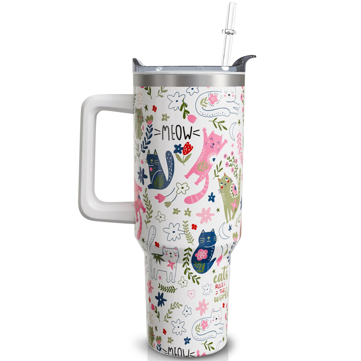 40 oz Cat Tumbler with Handle and Straw, Cute Cartoon Stainless Steel Vacuum Insulated Travel Coffee Mug Cup Water Bottle, Cats Stuff Accessories Decor, Cat Lover Gifts for Women Girls