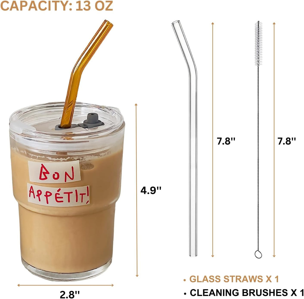 Olvini 13oz Glass Tumbler with Straw and Lid, Reusable Iced Coffee Cup Tumbler, Cute Glass Cups for Water, Matcha, Travel Coffee Mugs (Bon Appétit)