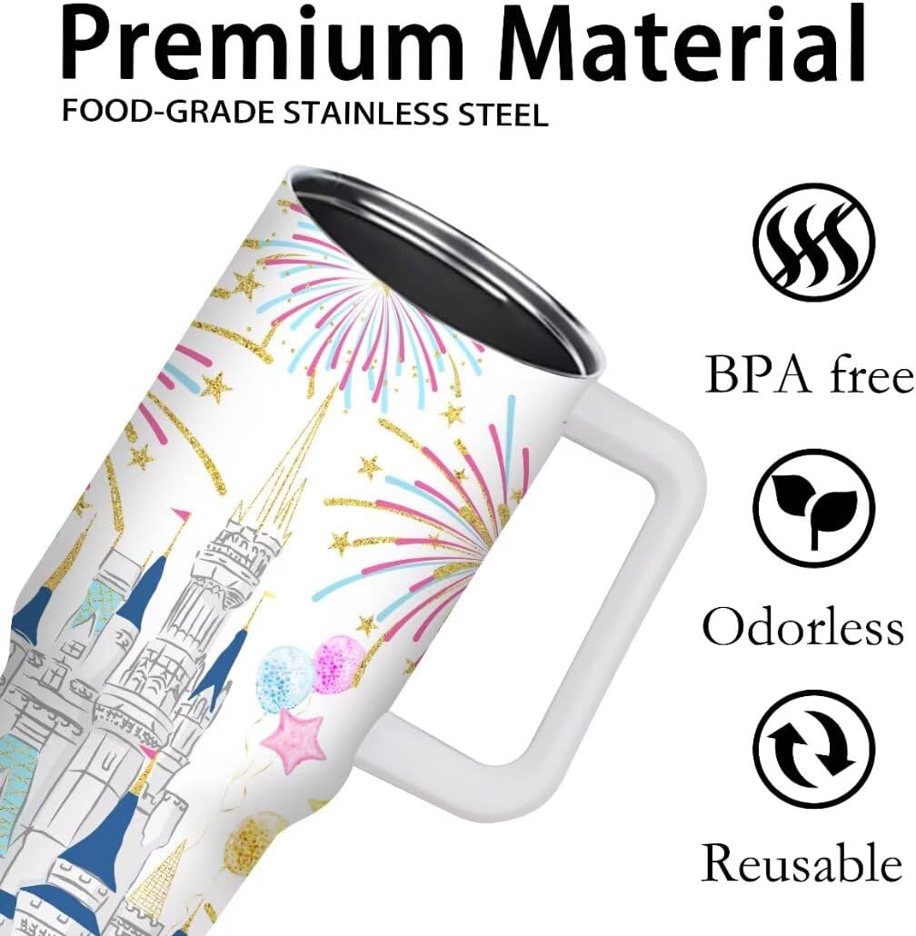 Cartoon Castle Tumbler 40 oz, Firework Tumblers with Lids and Straws, Insulated Cup Stainless Steel Travel Mug, Birthday Christmas Gifts